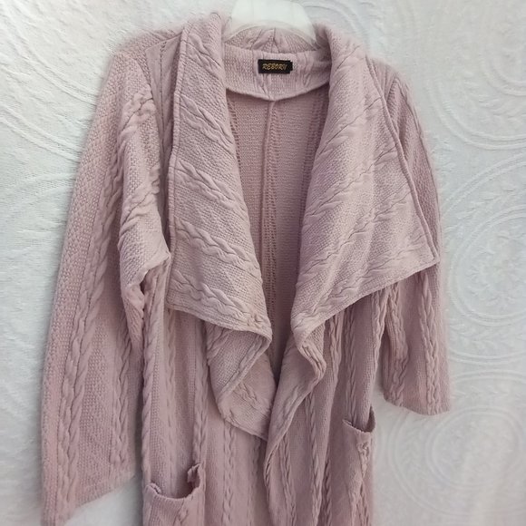 Rose Mauve Cable Knit (look) Long Duster Sweater Cardigan By REBORN LG (T-358) - Picture 6 of 12